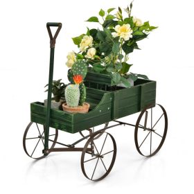 Wooden Wagon Plant Bed with Metal Wheels for Garden Yard Patio (Color: Green)