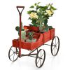 Wooden Wagon Plant Bed with Metal Wheels for Garden Yard Patio