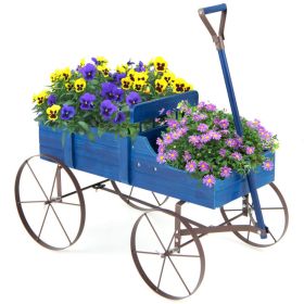 Wooden Wagon Plant Bed with Metal Wheels for Garden Yard Patio (Color: Blue)